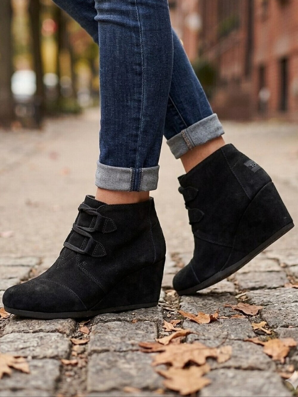 TOMS Kala Black Suede Ankle Lace-up Wedge Bootie